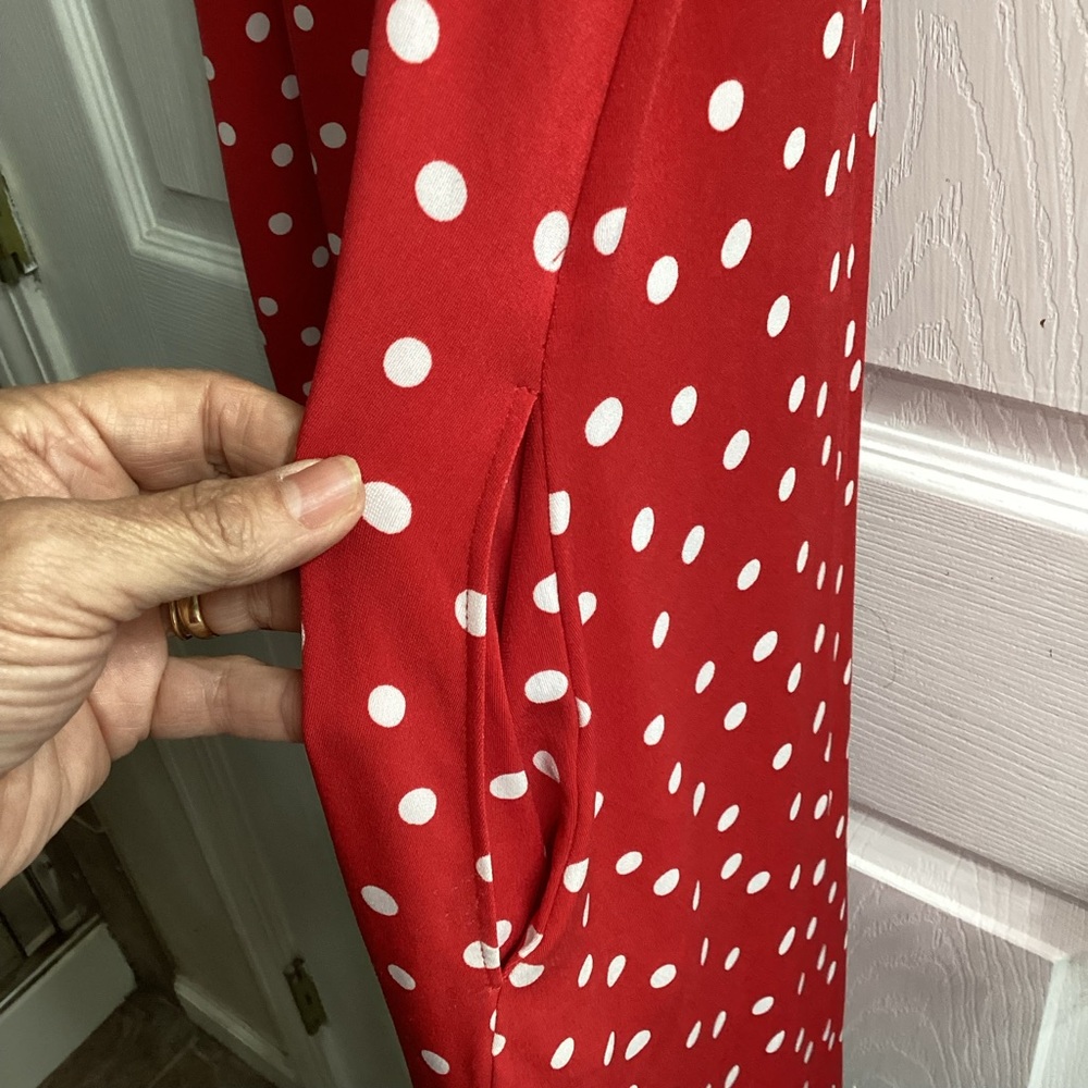 Susan Graver Printed Liquid Knit Fit & Flare Dress Large Tall Red Dot Pockets - Picture 8 of 10